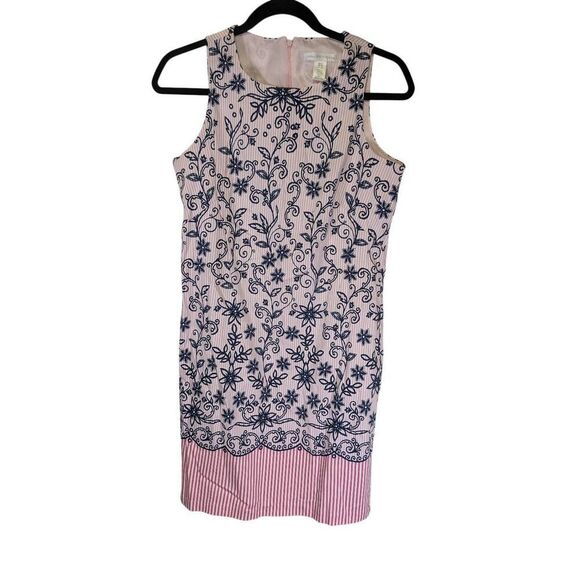 London Times  Pink Stripe Navy Floral Sleeveless Work Dress Sheath Office Career - Picture 1 of 6